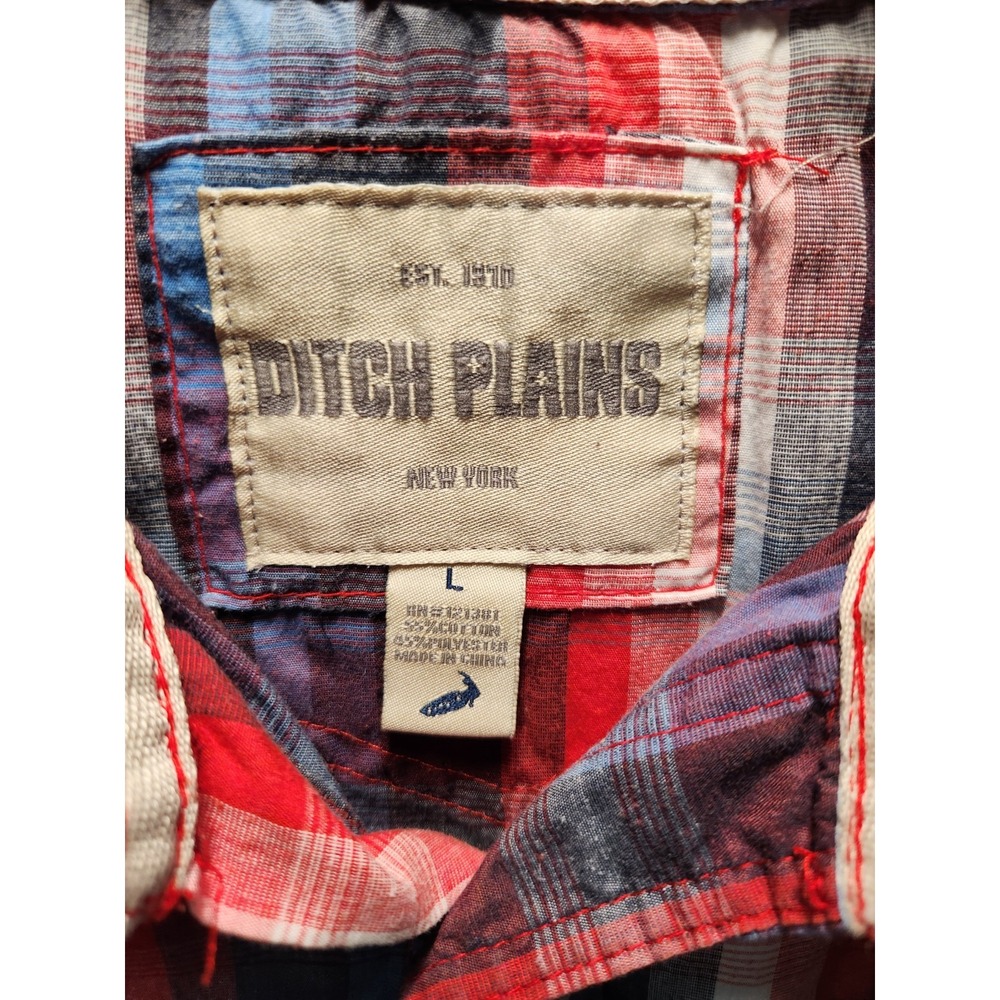 Ditch Plains Pearl Snap Men's Size L Shirt Red Blue Plaid Short Sleeve Cowboy - Picture 2 of 7